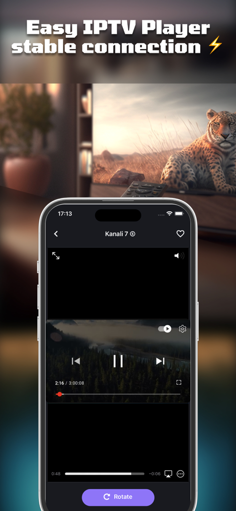 IPTV mega player - watchTV - Smartphone screen showing the IPTV mega player app interface with video playback controls and the text easy IPTV player stable connection