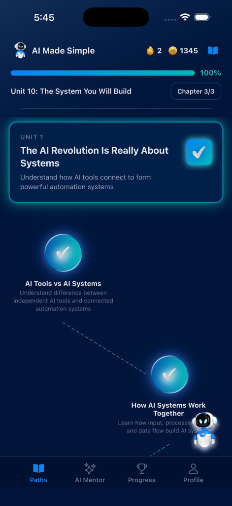 brAInify App - Oberfläche der brAInify-App, die eine abgeschlossene Lerneinheit für einen KI-Systemkurs im Dunkelmodus zeigt