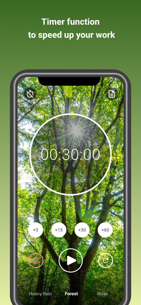 NatureVoice(BGM For Sleep) - NatureVoice app screenshot showing a 30-minute productivity timer with a sunlit forest background.
