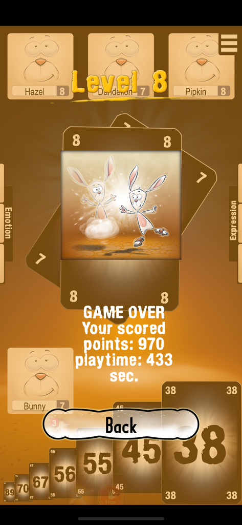 Pantalla de fin de juego de la aplicación móvil The Mind que muestra el nivel ocho y la puntuación final