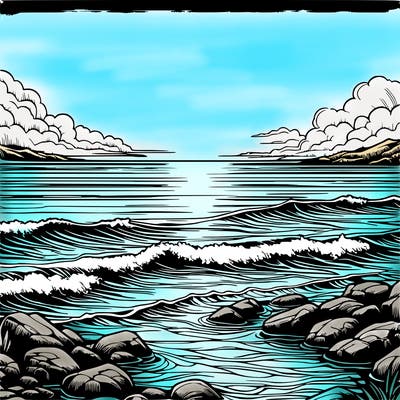 realistic landscape, sea, sunset, simple, very easy to color