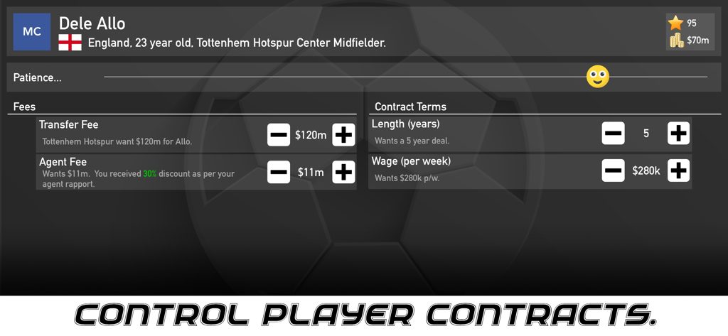 Interface for negotiating player transfer fees and contract terms in Football Owner 2