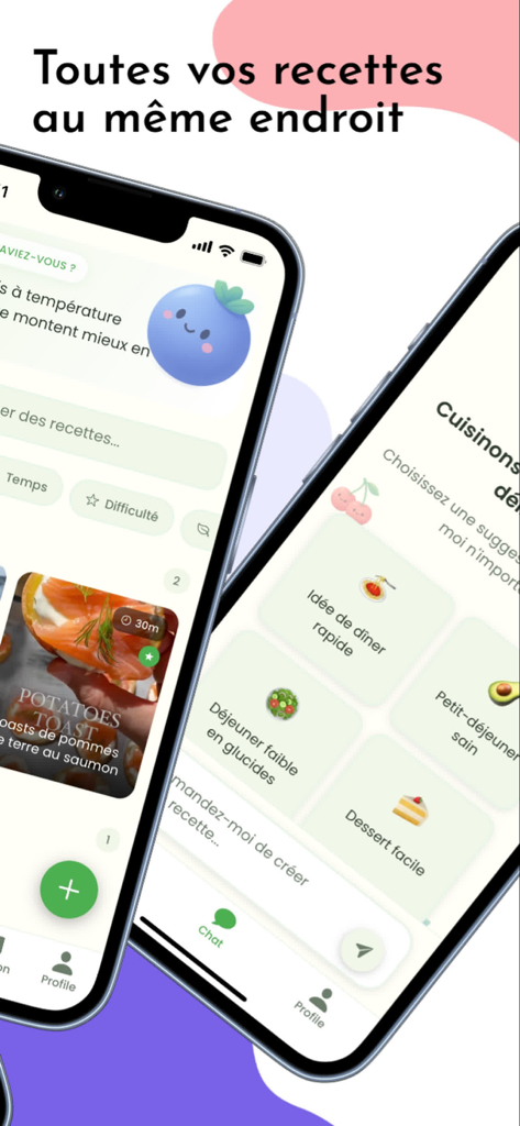 Reciply - Importer recettes - Captura de pantalla de la aplicación móvil Reciply que muestra una biblioteca de recetas y una interfaz de chat de IA para sugerencias de comidas personalizadas.