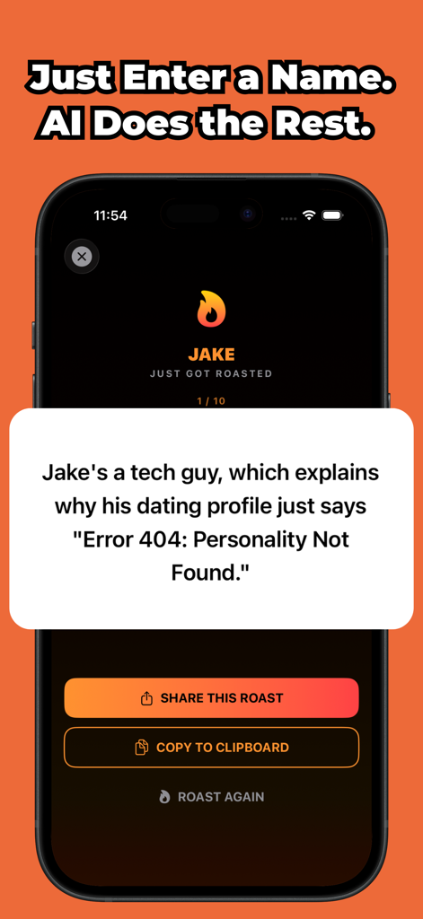 Roast App interface showing a savage AI generated roast for a person named Jake