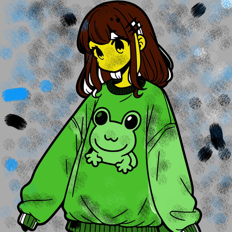 girl wearing frogging sweatshirt