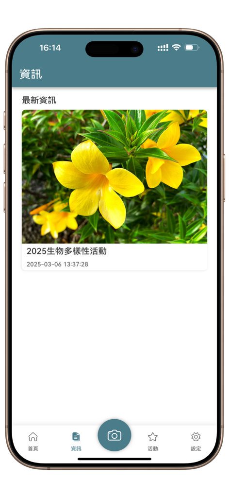 澳門生物多樣性網絡 - Interface de l'écran d'information de l'application Réseau de Biodiversité de Macao affichant une actualité sur les activités de biodiversité de 2025 avec une image de fleurs jaunes.