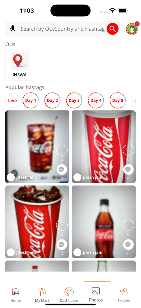 KO MARK - KO MARKアプリのインターフェイス。小売実行写真と市場アクティビティのハッシュタグのギャラリーが表示されています。