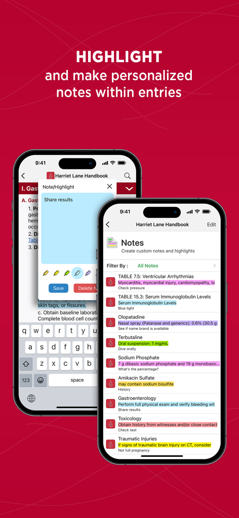 Harriet Lane Handbook - Interface of the Harriet Lane Handbook app showing how to create and view personalized medical notes and color-coded highlights.