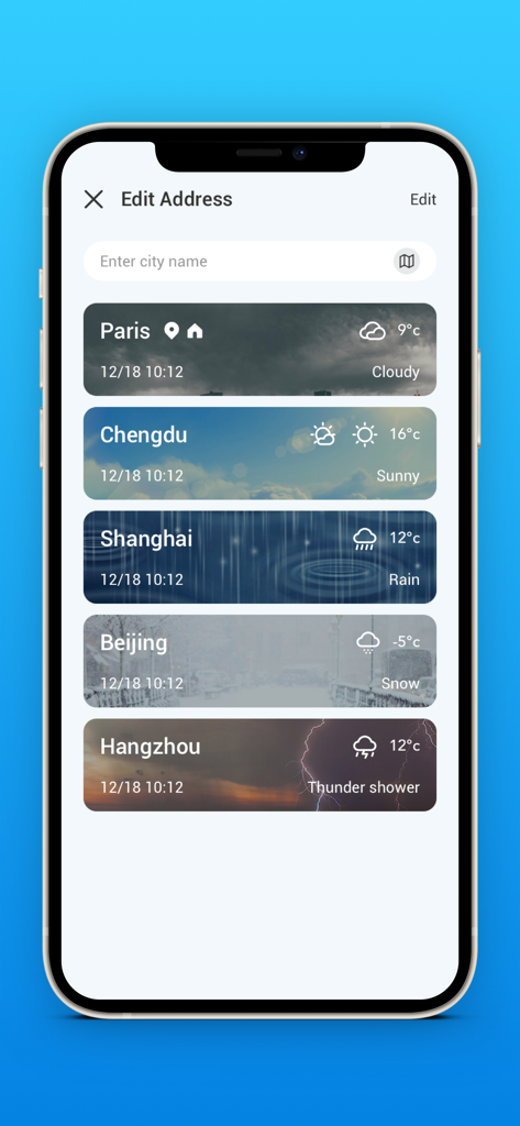 A mobile interface showing a list of weather forecasts for multiple cities with visual backgrounds