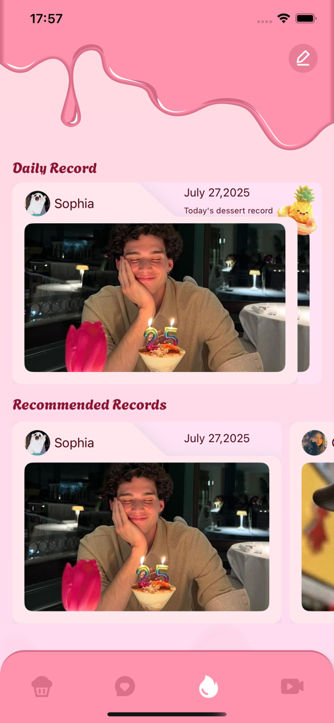 Salsa - Adult Firty Connect - ユーザーの毎日のデザート記録と誕生日写真を含むソーシャルフィードを示すサルサのモバイルアプリインターフェース