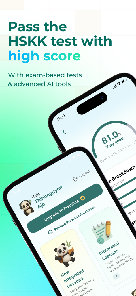 HSKK Test Prep - Speak Chinese - Mobile app interface showing HSKK test score breakdown and integrated Chinese lessons