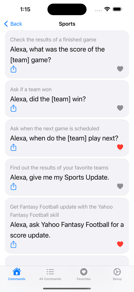 Voice commands for Alexa - Mobile app screen displaying various sports-related voice commands for Amazon Alexa devices.