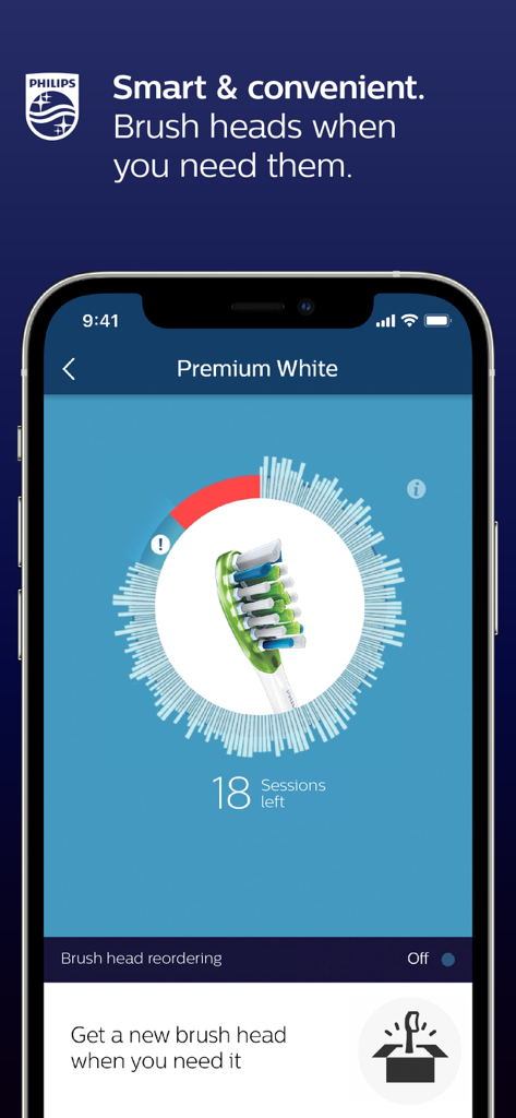 Philips Sonicare app screen showing brush head sessions remaining and reordering feature