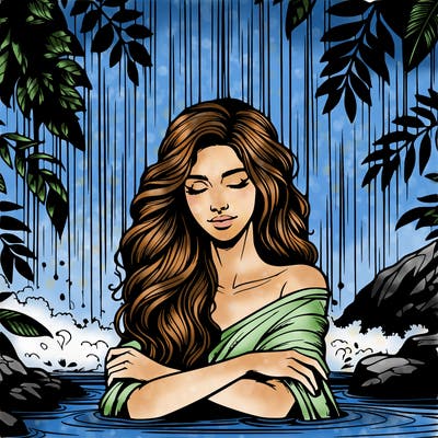 realistic female model under waterfall