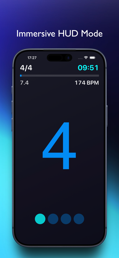 FlowBeats - FlowBeats metronome app showing the immersive HUD mode with a large beat counter and high contrast interface for music stands