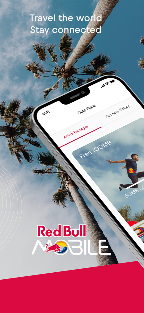Red Bull MOBILE Data: eSIM - Red Bull MOBILE eSIM app on a smartphone showing free 100MB data plans with palm trees in the background