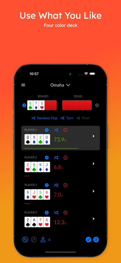 Poker Geek Odds Pro - Omaha poker odds calculator interface in Poker Geek Odds Pro featuring a four color deck and player equity stats