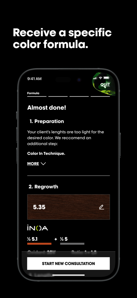 My Hair [iD] - Interface of My Hair iD app displaying a professional hair color formula and consultation steps