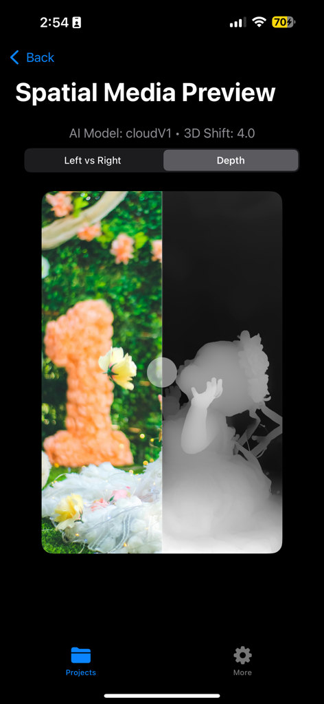 Spatial Video Studio - A comparison between a color photo of a child and its AI-generated depth map for 3D conversion in Spatial Video Studio.