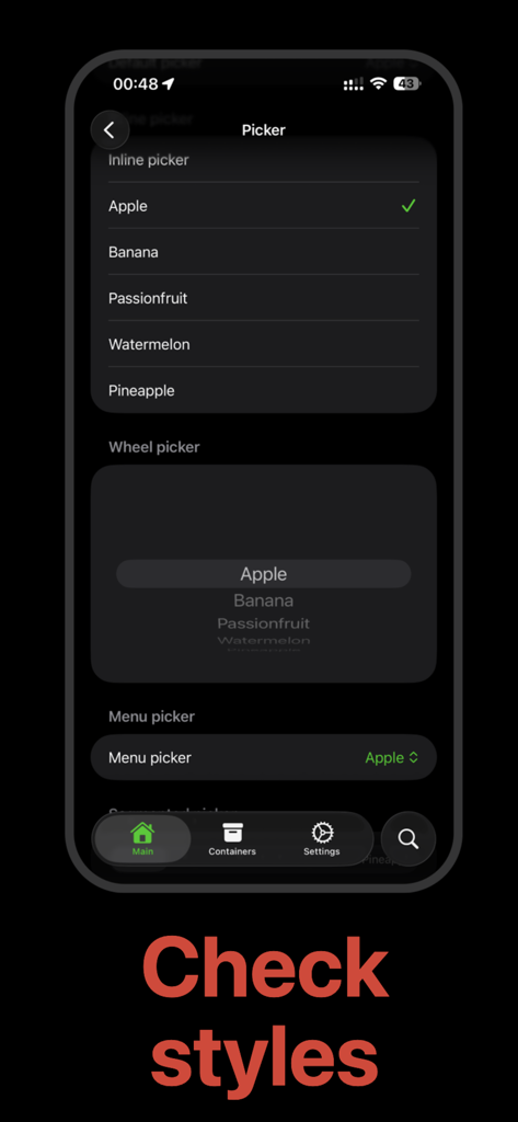 UI Tracer - A screenshot of UI Tracer app displaying various SwiftUI Picker component styles like inline wheel and menu