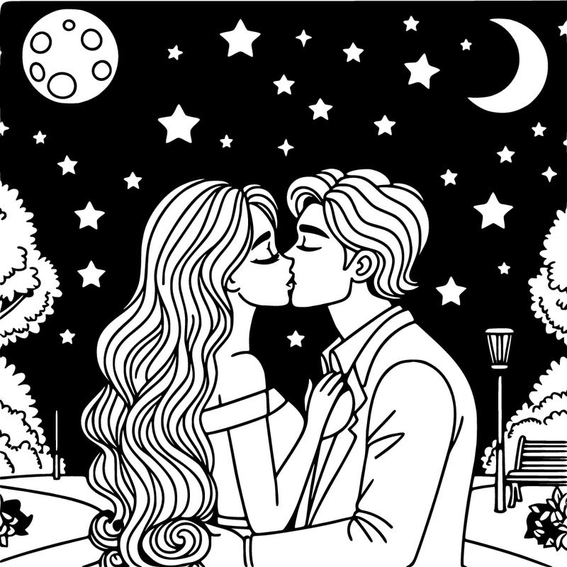 woman and man romantically kissing in a park at night under the stars and the moon