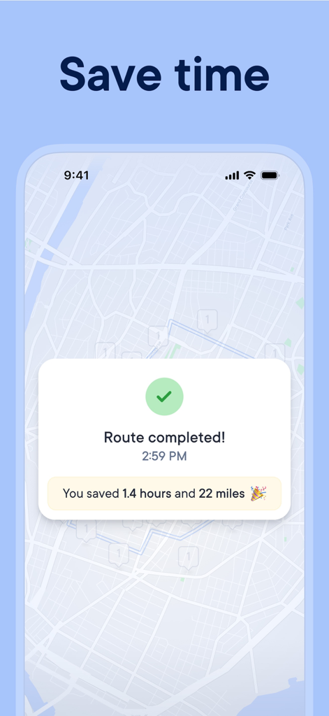 Spoke (Circuit) Dispatch - Spoke Dispatch app interface showing 1.4 hours and 22 miles saved on a completed delivery route