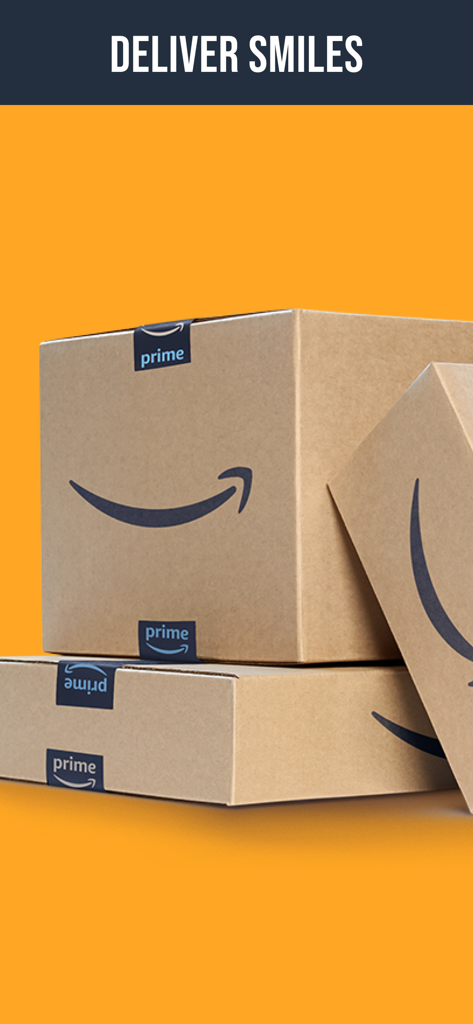 Amazon Prime delivery boxes on an orange background with the headline Deliver Smiles