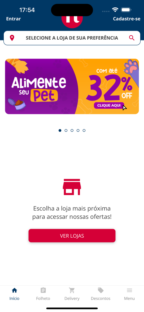 Meu Nagumo - Tela inicial do app de compras Meu Nagumo com um banner de desconto em ração para pets e localizador de lojas.