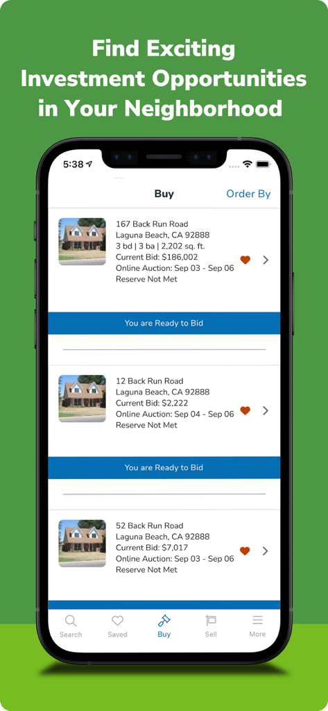 Auction.com - Homes for Sale - Mobile app screen showing real estate investment opportunities and property auction listings