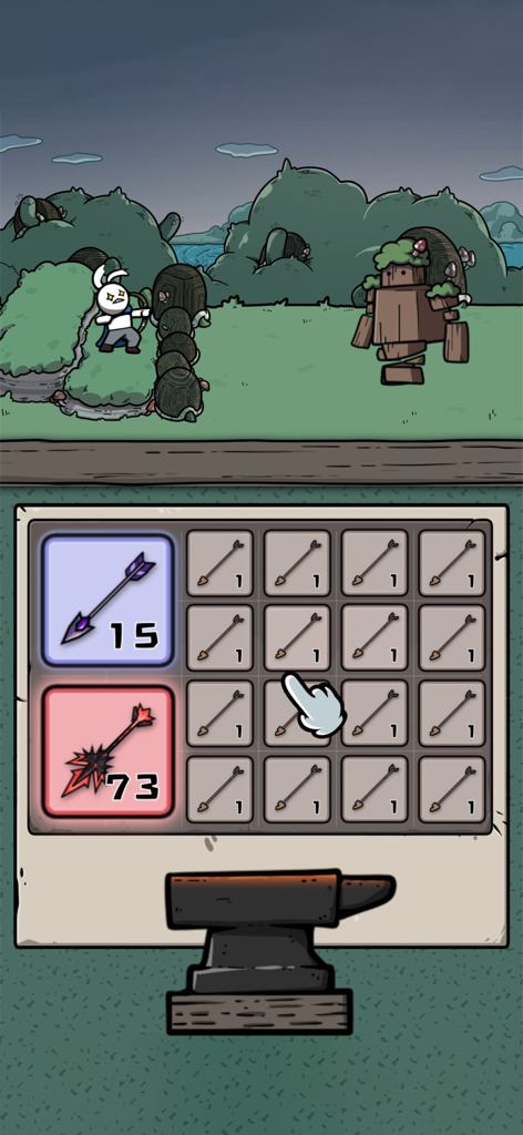 Gameplay screenshot of Archer Forest Idle Defense showing a bunny hero attacking a wooden boss while the player merges arrows on a grid