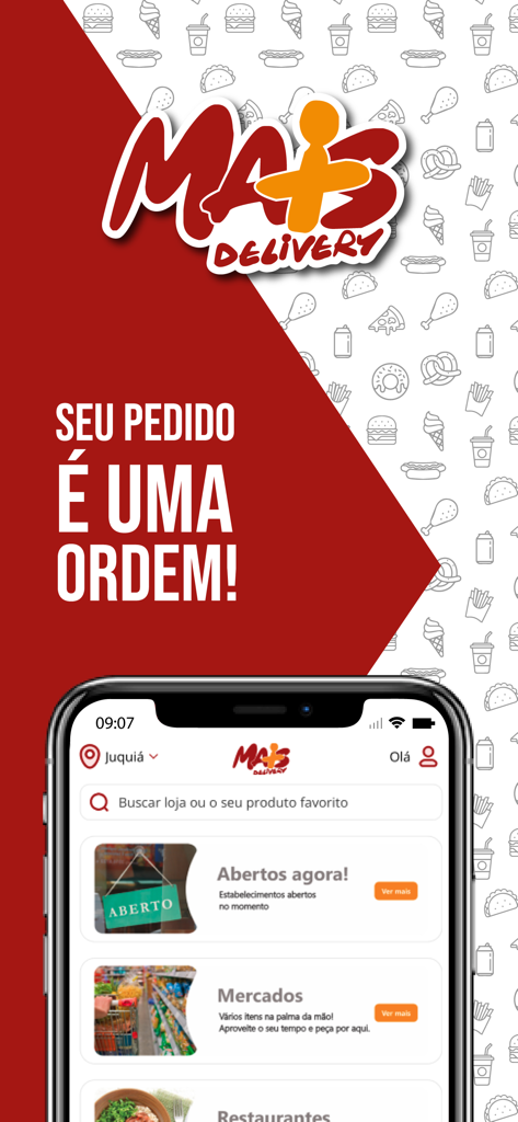 Mais Delivery APP - Mais Delivery app home screen showing food categories and Portuguese slogan