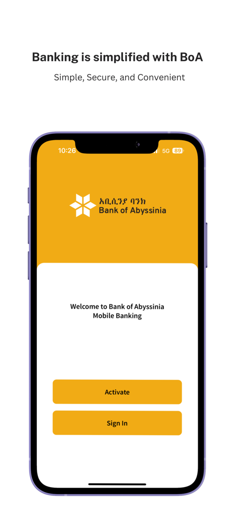 BoAMobile - Pantalla de bienvenida de la aplicación de banca móvil del Bank of Abyssinia con botones de inicio de sesión y activación.