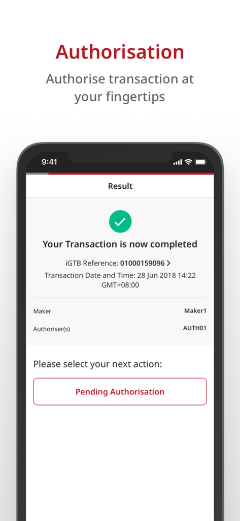 Ein mobiler Bildschirm, der eine abgeschlossene Transaktionsbestätigung mit Autorisierungsdetails in der BOCHK iGTB MOBILE App anzeigt
