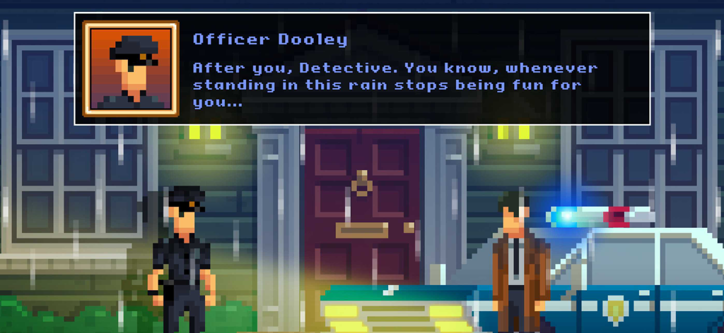 The Darkside Detective - A pixel art dialogue scene between Officer Dooley and the detective in the rain