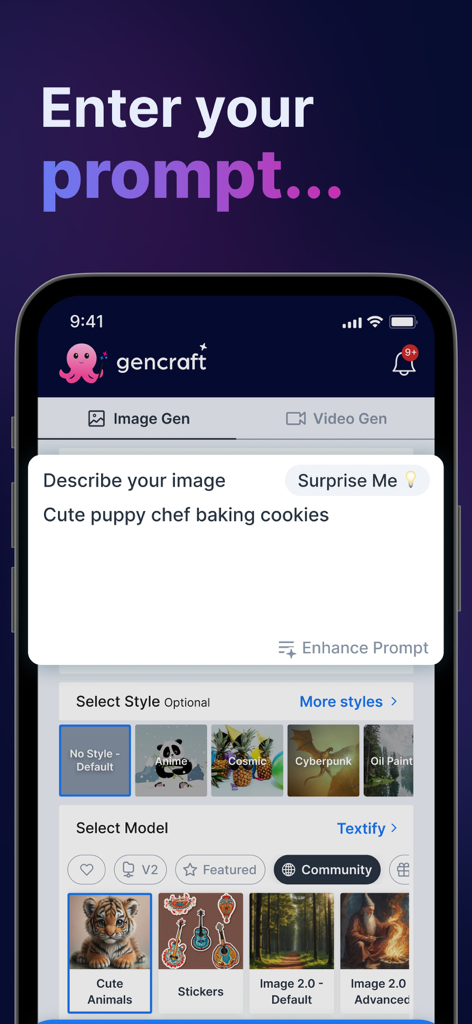 Gencraft app interface showing an image generation prompt for a cute puppy chef with style and model selections