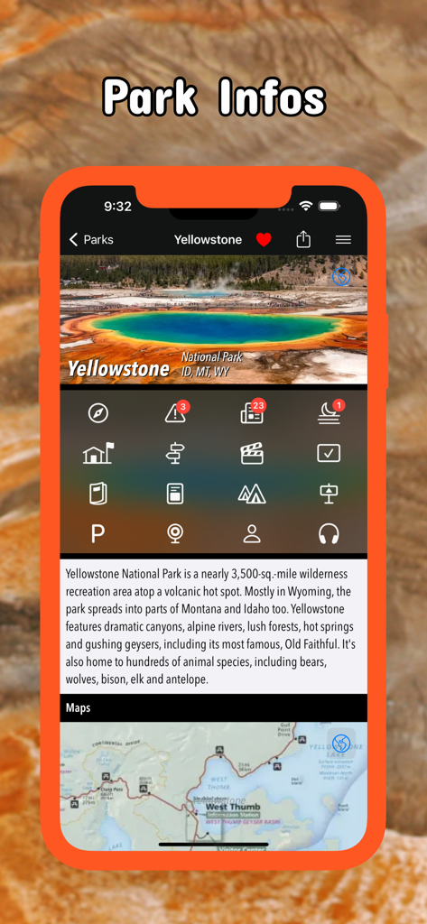 Yellowstone Pocket Maps - Application Yellowstone Pocket Maps montrant les informations du parc et la carte topographique du parc national de Yellowstone