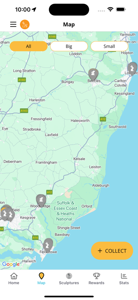 Hop to it! Suffolk Art Trail - A map of Suffolk in the Hop to it app showing sculpture locations with a collect button