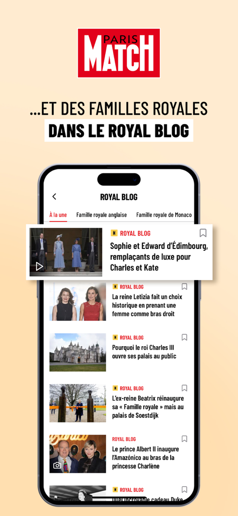 Interface of the Paris Match app Royal Blog section displaying news articles about European royalty