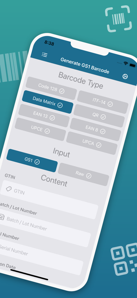 Mobile app interface of the Smart GS1 Barcode Generator showing barcode type selection and data input fields for GTIN and batch numbers.