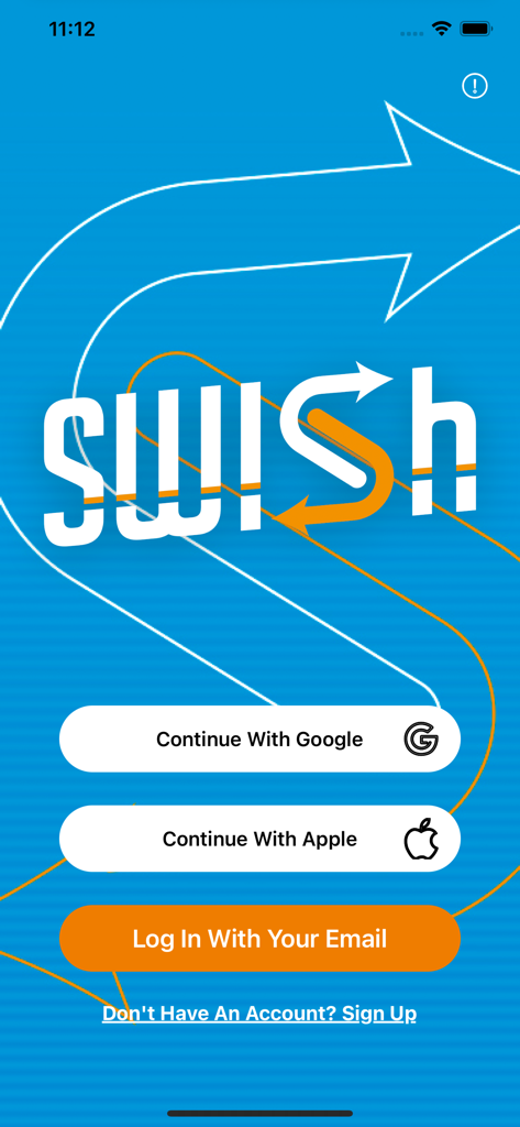 Swish Sports app login screen with Google and Apple sign-in options