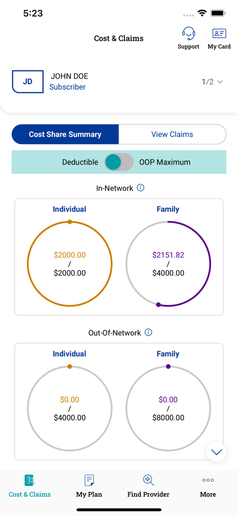 Dashboard of the MGB Health Plan app showing individual and family deductible progress for in-network and out-of-network healthcare costs