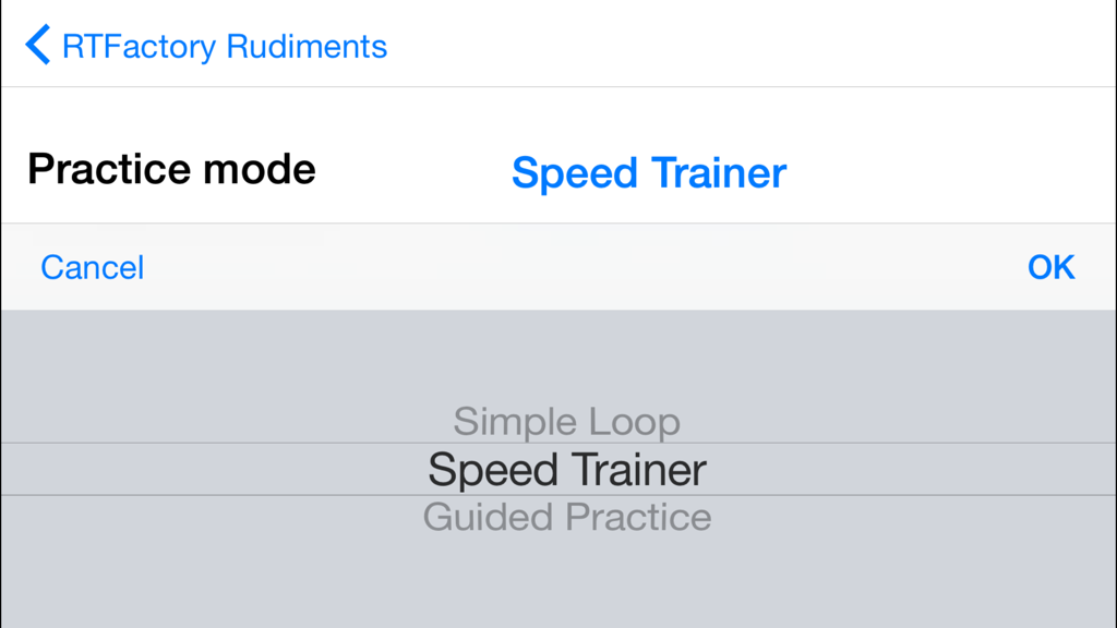RTFactory Rudiments - Pantalla que muestra las opciones de modo de práctica en la aplicación RTFactory Rudiments con Speed Trainer seleccionado.