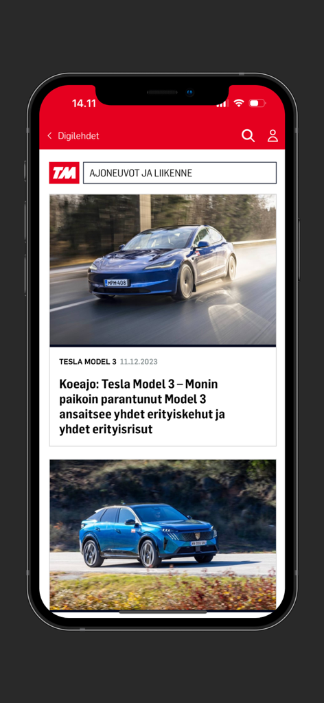 Tekniikan Maailma - Tekniikan Maailma mobile app interface featuring a Tesla Model 3 car review and automotive news