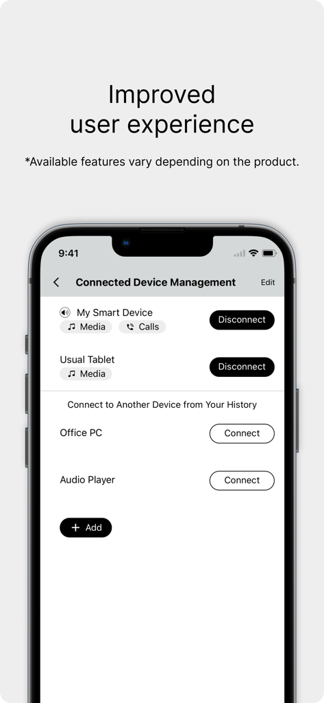 Audio-Technica | Connect - 複数のデバイスのマルチポイントBluetooth接続管理を表示するAudio-Technica Connectアプリのインターフェイス