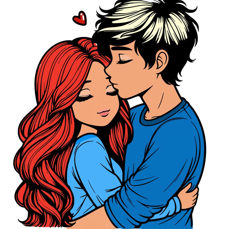 a realistic couple boy and girl hugging and kissing