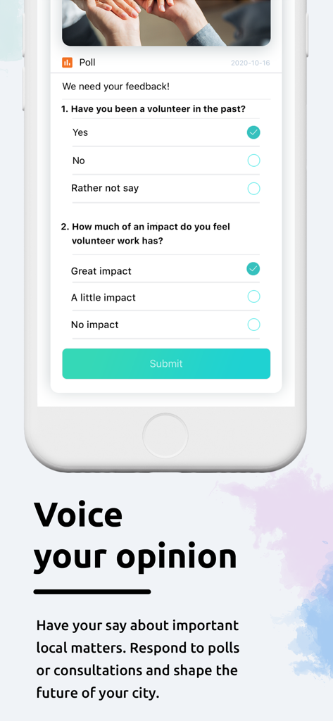 novoville - Interfaccia dell'app Novoville che mostra un sondaggio della comunità per permettere ai cittadini di esprimere la propria opinione su questioni locali.