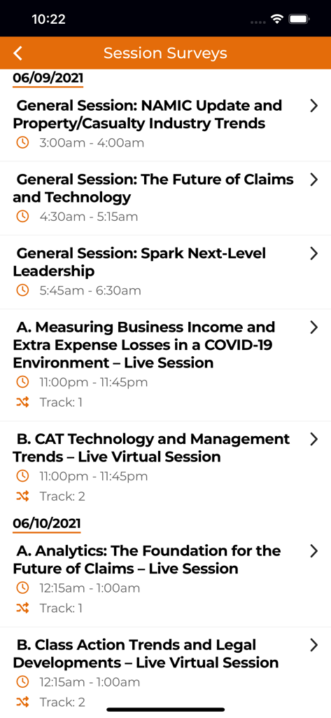 NAMIC Events - A list of conference sessions and survey options within the NAMIC Events app for insurance professionals