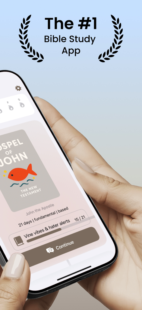 Luminus - Bible Daily Learning - A smartphone screen displaying a lesson for the Gospel of John in the Luminus Bible study app.