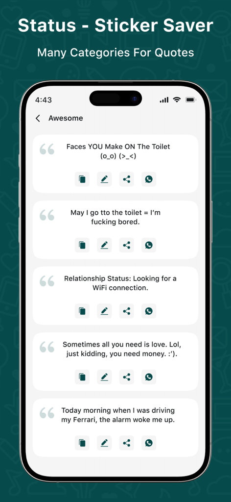 Status - Sticker Saver - Mobile app interface displaying a list of funny and relatable quotes for social media statuses