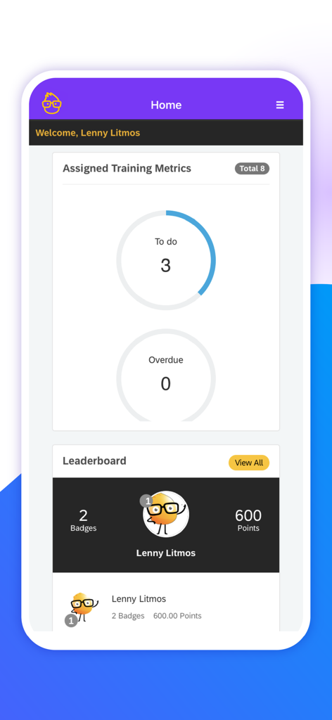Litmos - Litmos app home screen showing training metrics and user leaderboard with points and badges